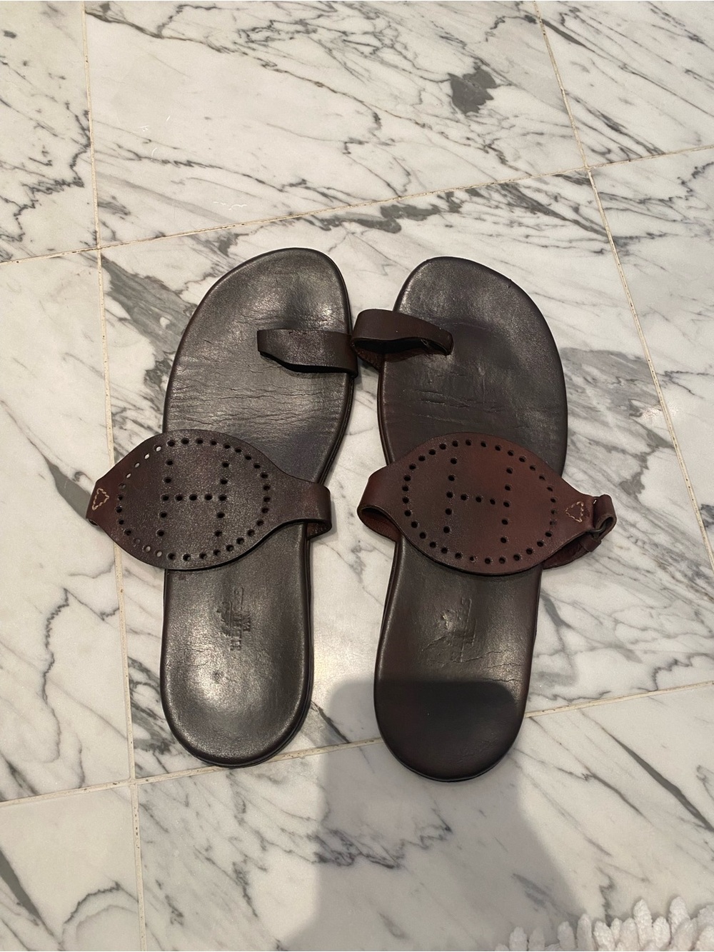 Hermes Brown Leather Perforated Slide Sandals